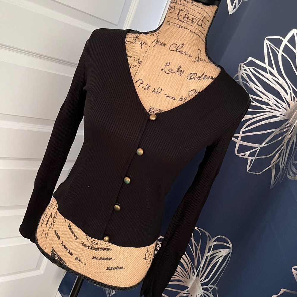 Zara Rib- Knit Top, V-neck and front golden button